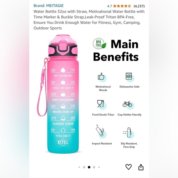 MEITAGIE Water Bottle 32oz with Straw, Motivational Water Bottle w Time Marker - Picture 9 of 10